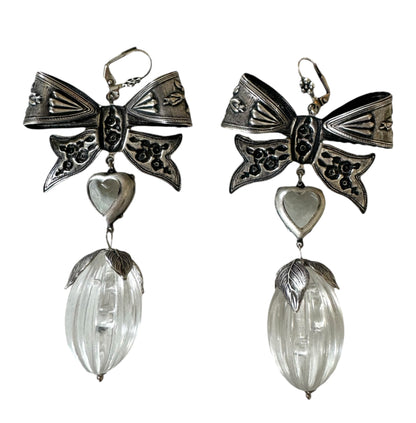 Silver Knots With Crystal Hearts Drop Earrings