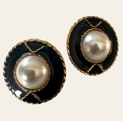 Black Enamel And Pearl Button Pierced Earrings