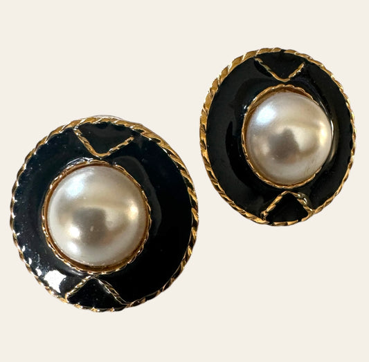 Black Enamel And Pearl Button Pierced Earrings