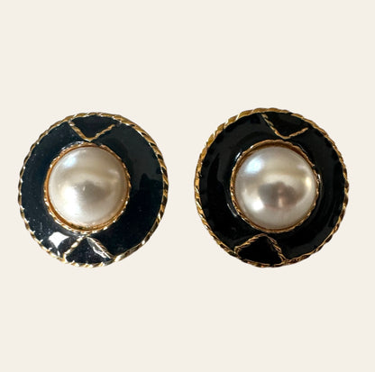 Black Enamel And Pearl Button Pierced Earrings