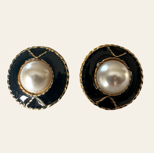 Black Enamel And Pearl Button Pierced Earrings
