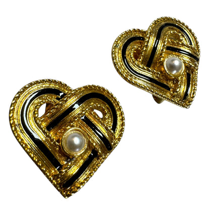 Vintage Black Enamel Heart Clip-On Earrings with Pearl Accent