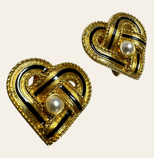 Vintage Black Enamel Heart Clip-On Earrings with Pearl Accent