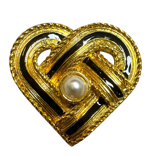 Vintage Black Enamel Heart Clip-On Earrings with Pearl Accent