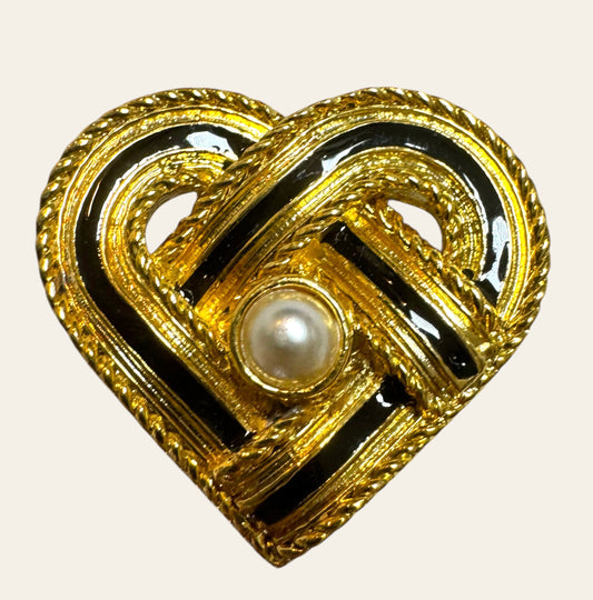 Vintage Black Enamel Heart Clip-On Earrings with Pearl Accent