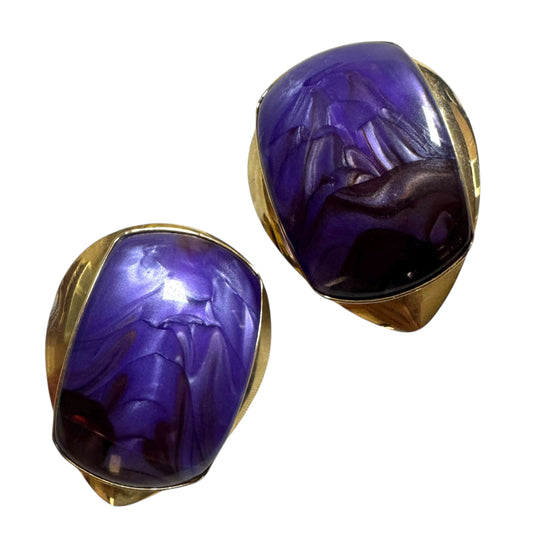 Large 1980s Purple Lucite & Gold Tone Clip On Earrings