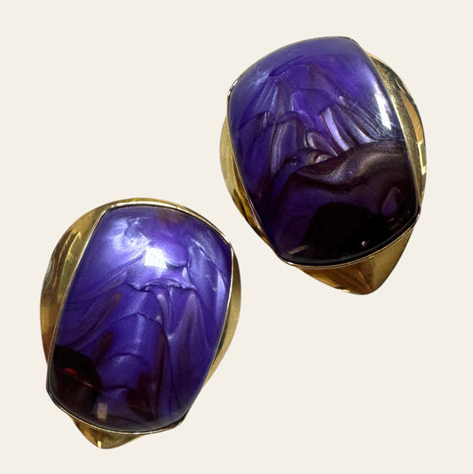 Large 1980s Purple Lucite & Gold Tone Clip On Earrings