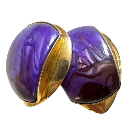 Large 1980s Purple Lucite & Gold Tone Clip On Earrings