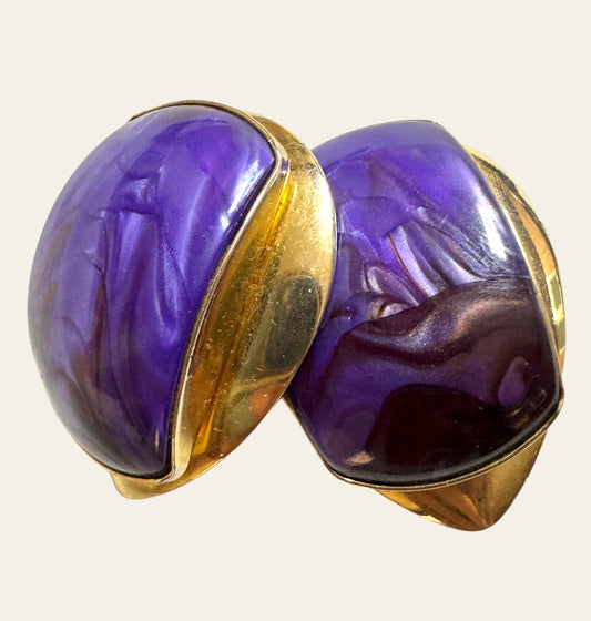 Large 1980s Purple Lucite & Gold Tone Clip On Earrings