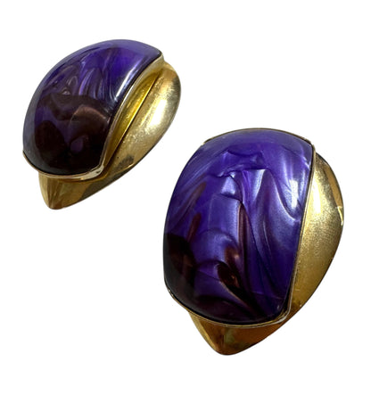 Large 1980s Purple Lucite & Gold Tone Clip On Earrings
