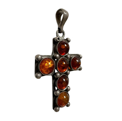 Sterling Silver & Baltic Amber Cross Pendant (Marked 925)