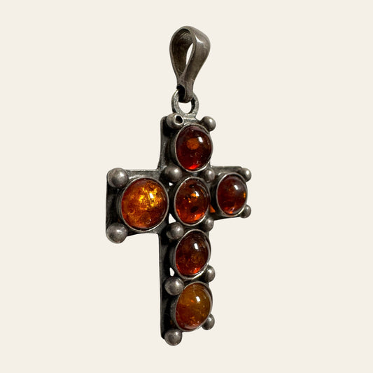 Sterling Silver & Baltic Amber Cross Pendant (Marked 925)