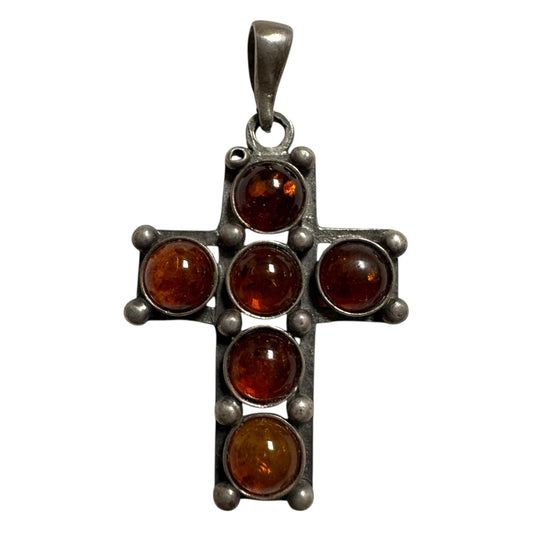 Sterling Silver & Baltic Amber Cross Pendant (Marked 925)