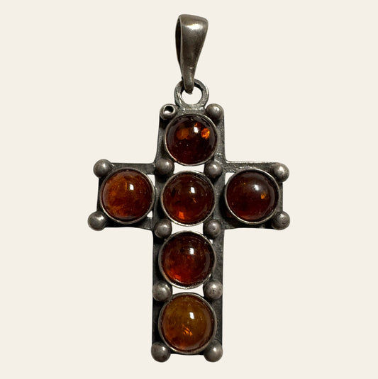 Sterling Silver & Baltic Amber Cross Pendant (Marked 925)