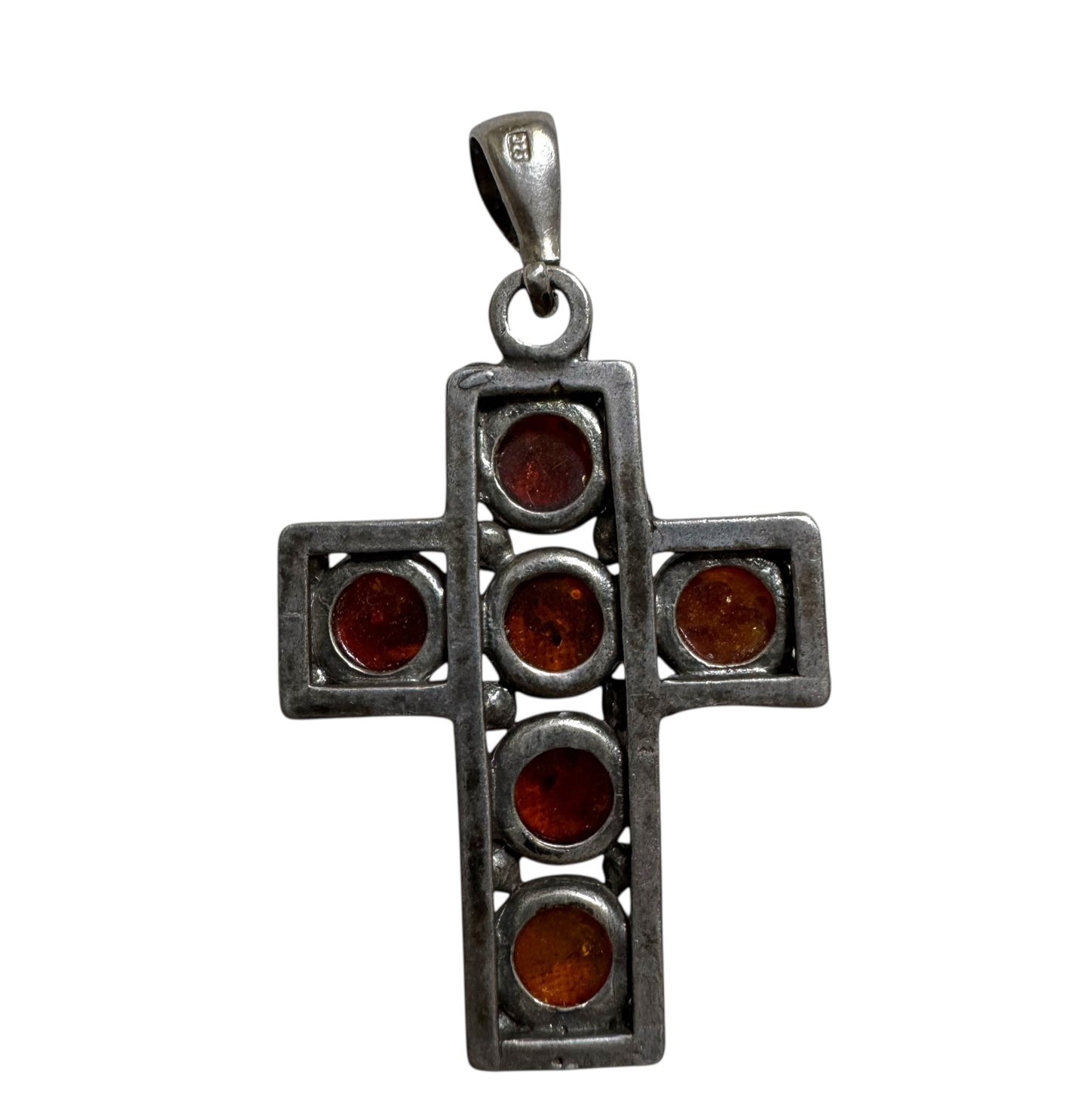 Sterling Silver & Baltic Amber Cross Pendant (Marked 925)