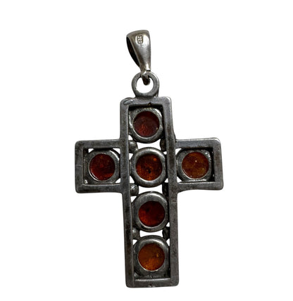 Sterling Silver & Baltic Amber Cross Pendant (Marked 925)