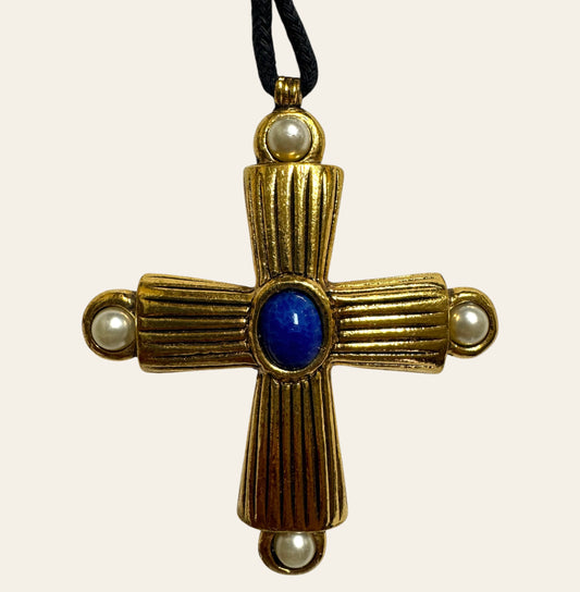 Vintage Gilded Cross Pendant with Lapis Center & Simulated Pearls
