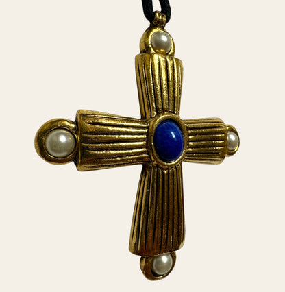 Vintage Gilded Cross Pendant with Lapis Center & Simulated Pearls