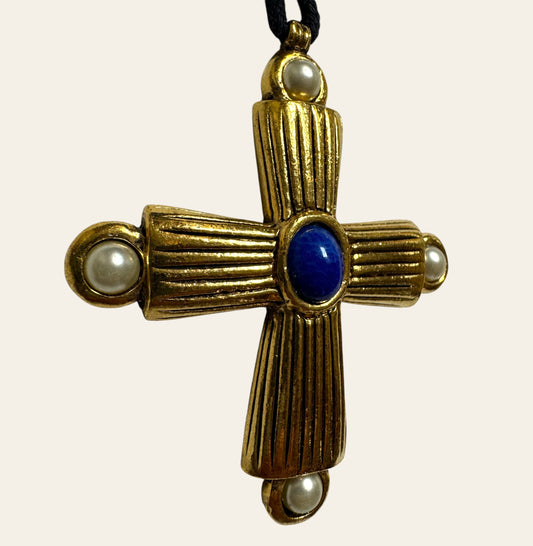 Vintage Gilded Cross Pendant with Lapis Center & Simulated Pearls
