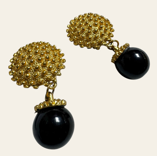 Vintage Textured Gold & Black Drop Earrings