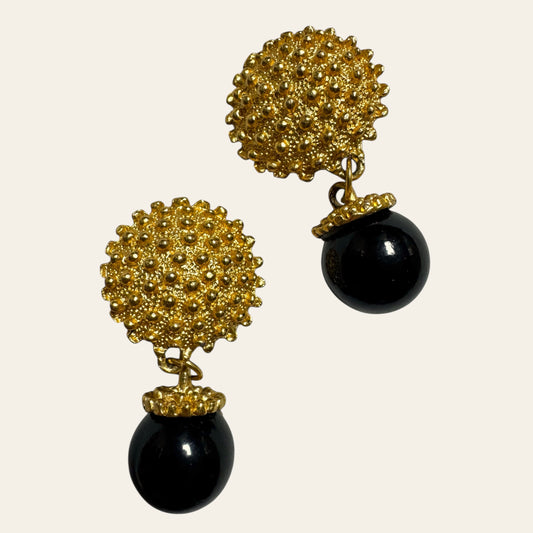 Vintage Textured Gold & Black Drop Earrings