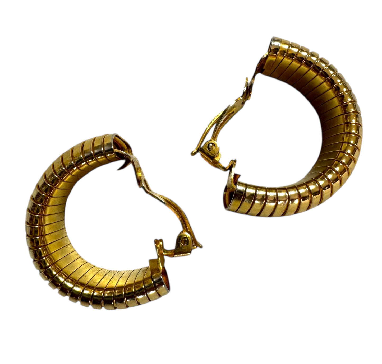 Vintage Large Ribbed Gold Tone Chunky Hoop Clip On Earrings