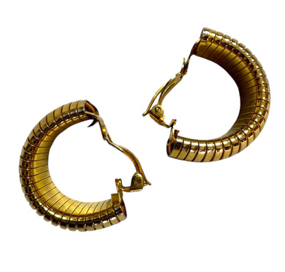 Vintage Large Ribbed Gold Tone Chunky Hoop Clip On Earrings