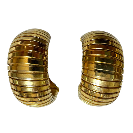 Vintage Large Ribbed Gold Tone Chunky Hoop Clip On Earrings