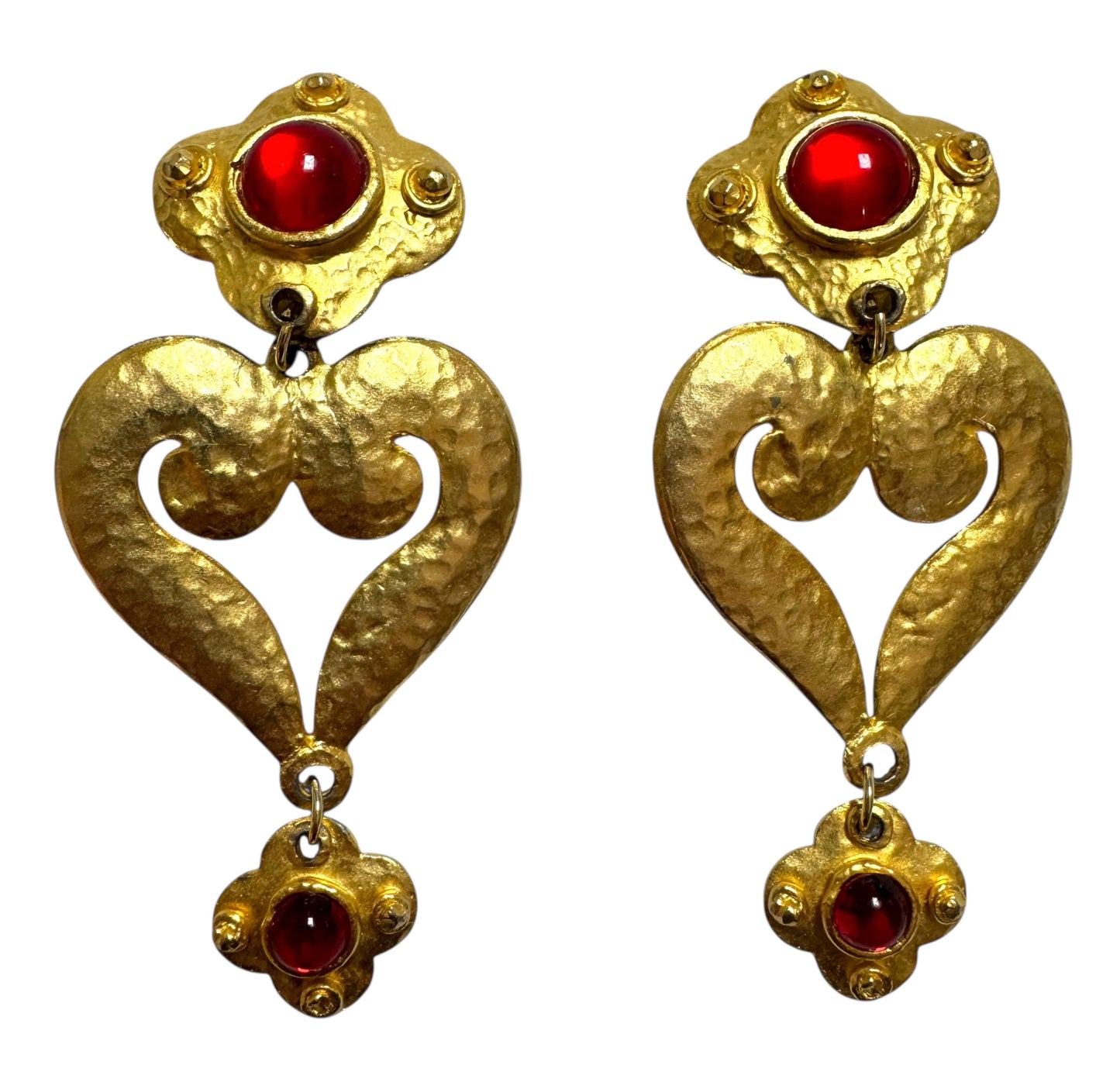 Vintage Massive Runway Red Cabochon Heart Drop Clip On Earrings