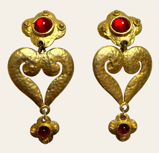 Vintage Massive Runway Red Cabochon Heart Drop Clip On Earrings