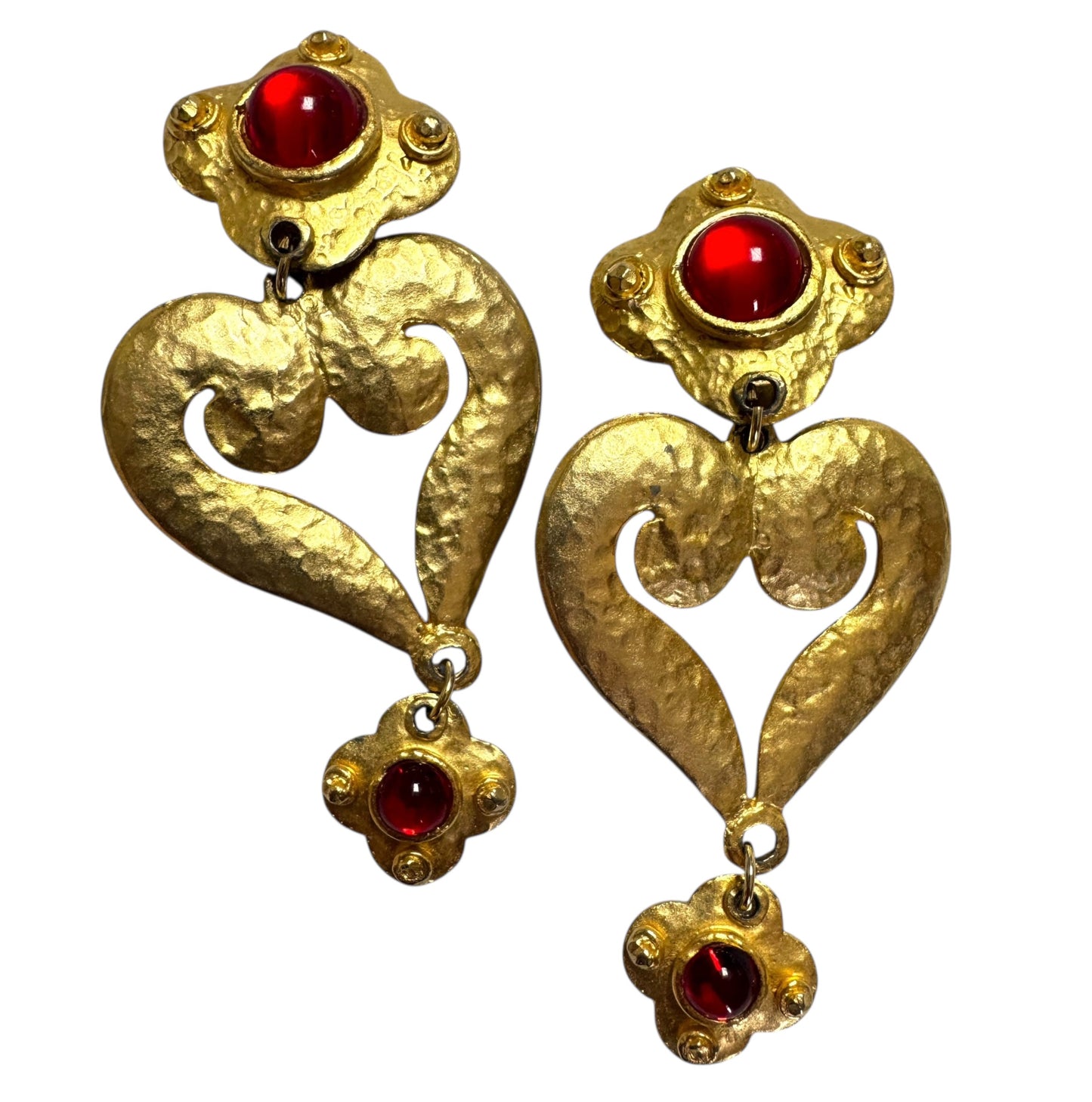 Vintage Massive Runway Red Cabochon Heart Drop Clip On Earrings
