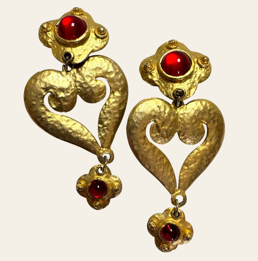 Vintage Massive Runway Red Cabochon Heart Drop Clip On Earrings