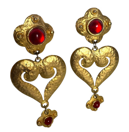 Vintage Massive Runway Red Cabochon Heart Drop Clip On Earrings