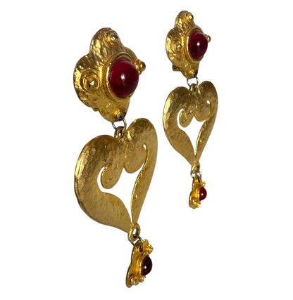 Vintage Massive Runway Red Cabochon Heart Drop Clip On Earrings