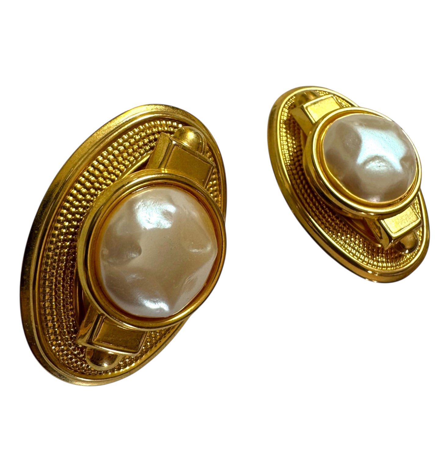 XL 1980s Oval Clip On Earrings with Baroque Pearl Cabochons