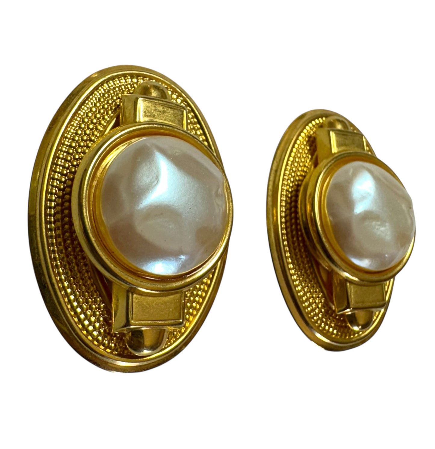 XL 1980s Oval Clip On Earrings with Baroque Pearl Cabochons