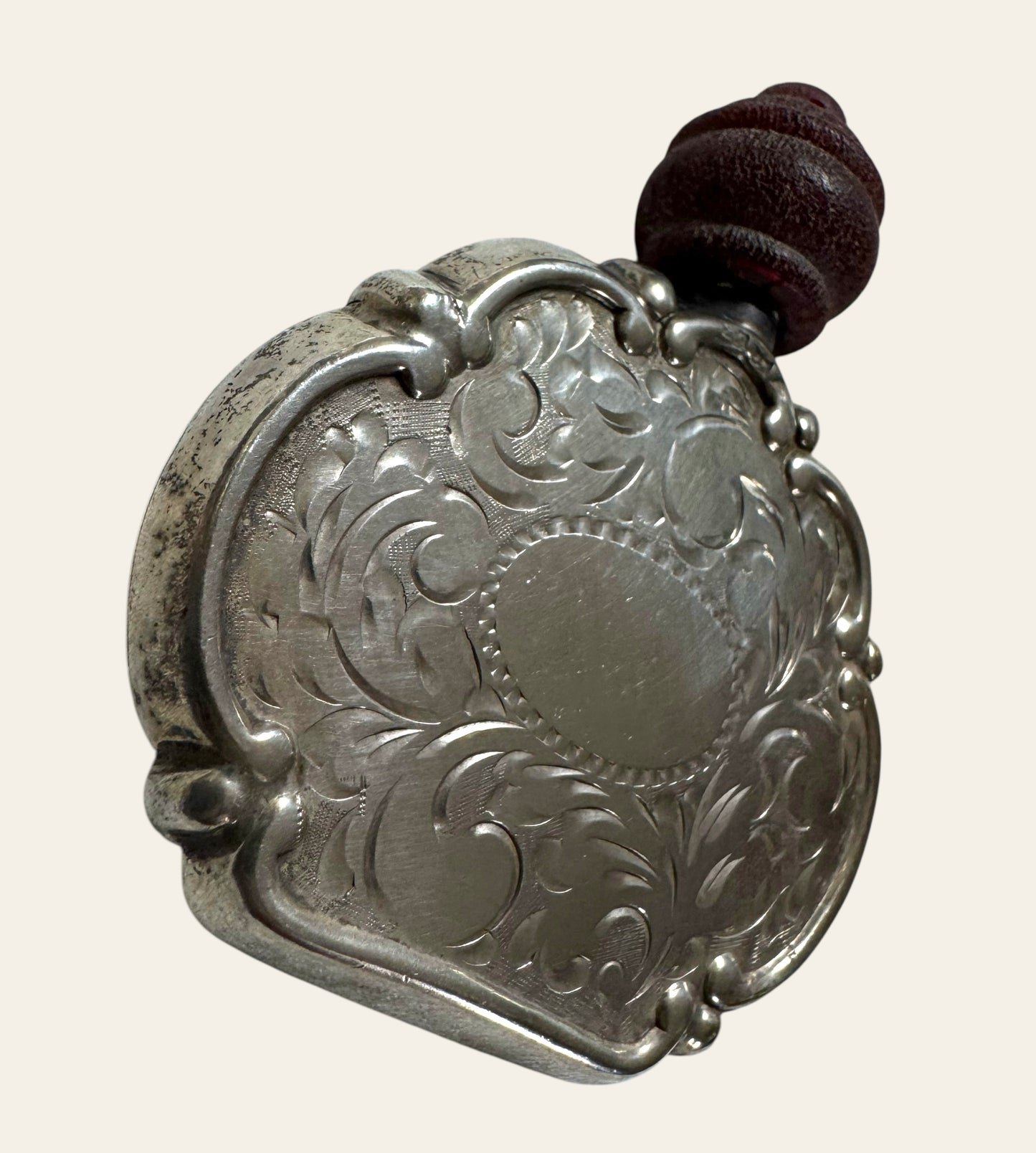 19th-Century Silver Perfume Flask with Wooden Stopper