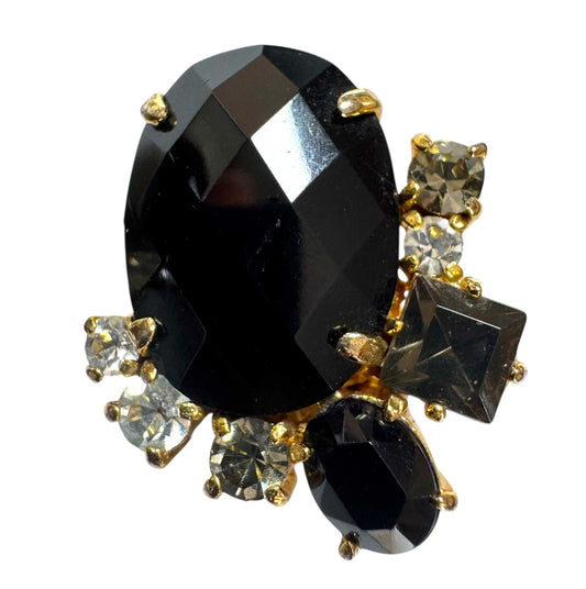 1960s Vintage Jet Black Rhinestone Cluster Clip On Earrings