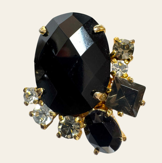 1960s Vintage Jet Black Rhinestone Cluster Clip On Earrings