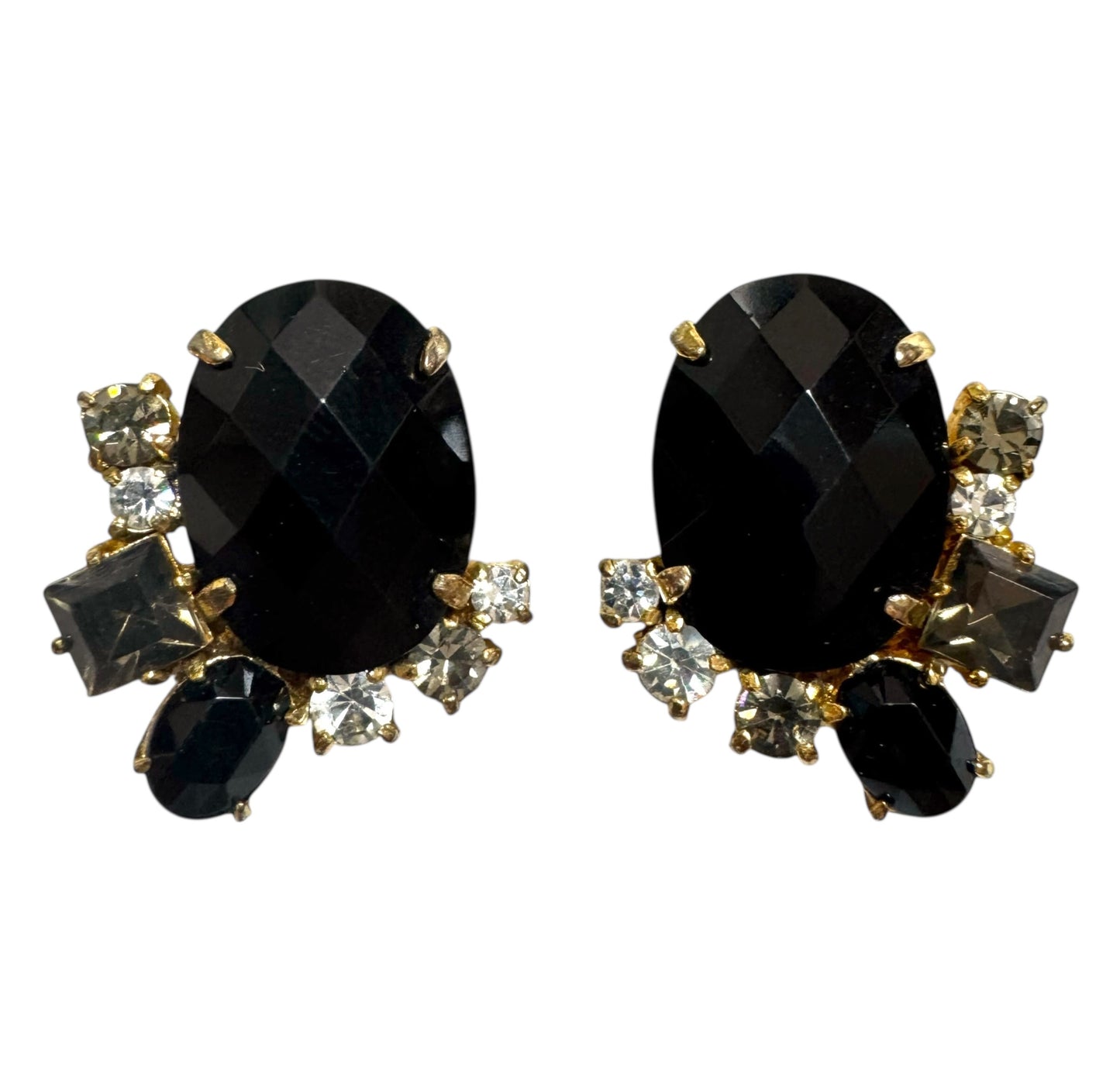 1960s Vintage Jet Black Rhinestone Cluster Clip On Earrings