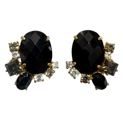 1960s Vintage Jet Black Rhinestone Cluster Clip On Earrings