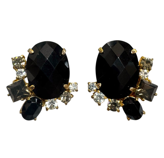 1960s Vintage Jet Black Rhinestone Cluster Clip On Earrings