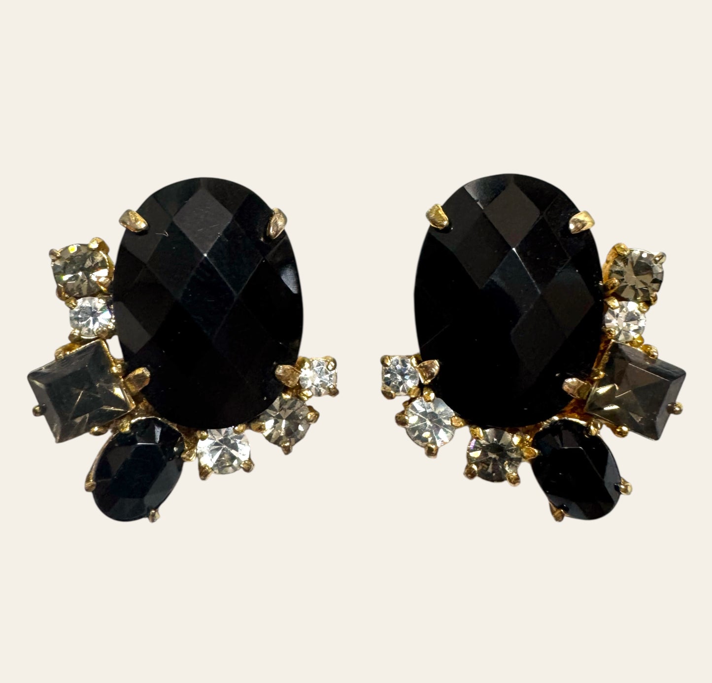 1960s Vintage Jet Black Rhinestone Cluster Clip On Earrings