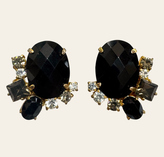 1960s Vintage Jet Black Rhinestone Cluster Clip On Earrings