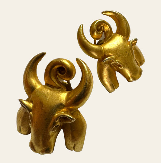 1980s Rare Vintage Ram Head Statement Clip On Earrings