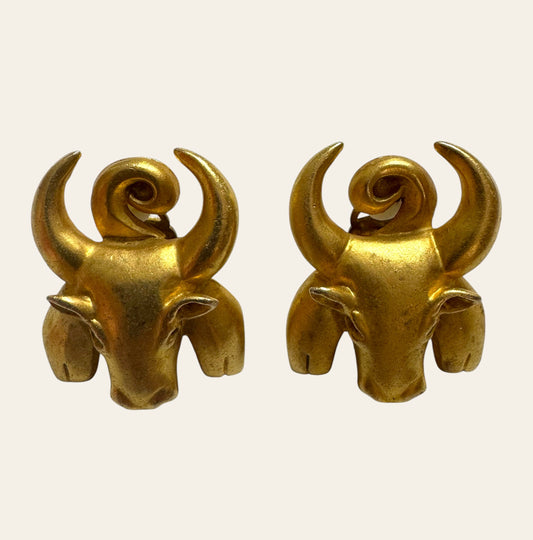 1980s Rare Vintage Ram Head Statement Clip On Earrings