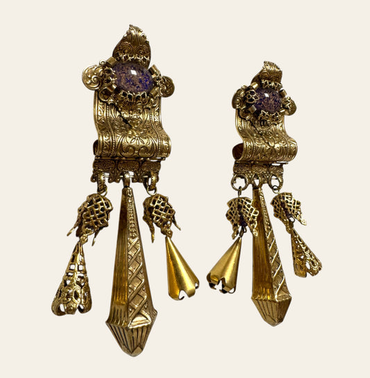 1990's Massive Zoe Coste Clip On Baroque Dangle Earrings