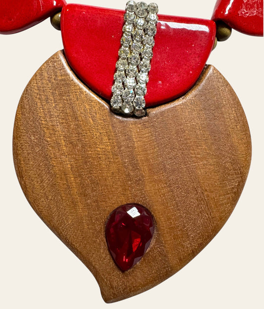 1980's Massive Avant-Garde Red and Wood Statement Necklace