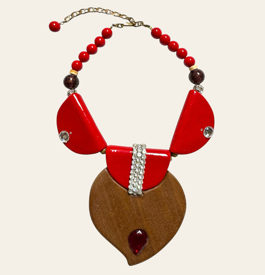 1980's Massive Avant-Garde Red and Wood Statement Necklace