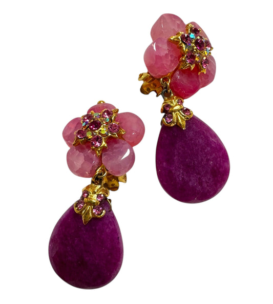 1980s Pink Teardrop Floral Clip On Earrings